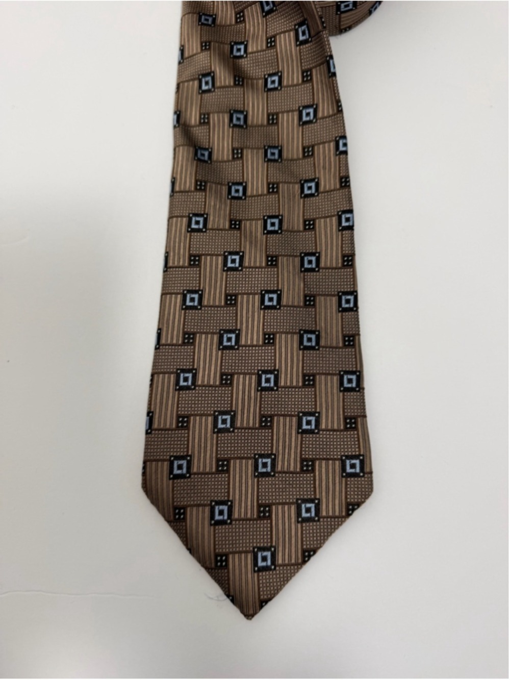 Pronto Uomo Brown Blue Geometric Woven Necktie Classic Wide Tie - Picture 2 of 6